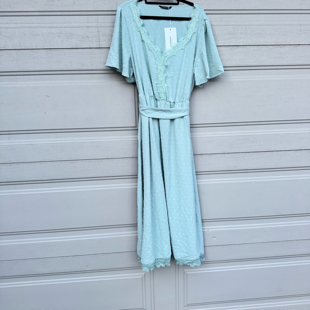 BloomChic Light Green Maxi Dress with Lace Detail